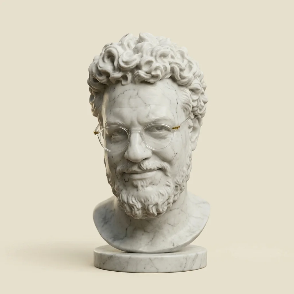 A marble bust of Marçal with curly hair, a beard and real clear-framed glasses